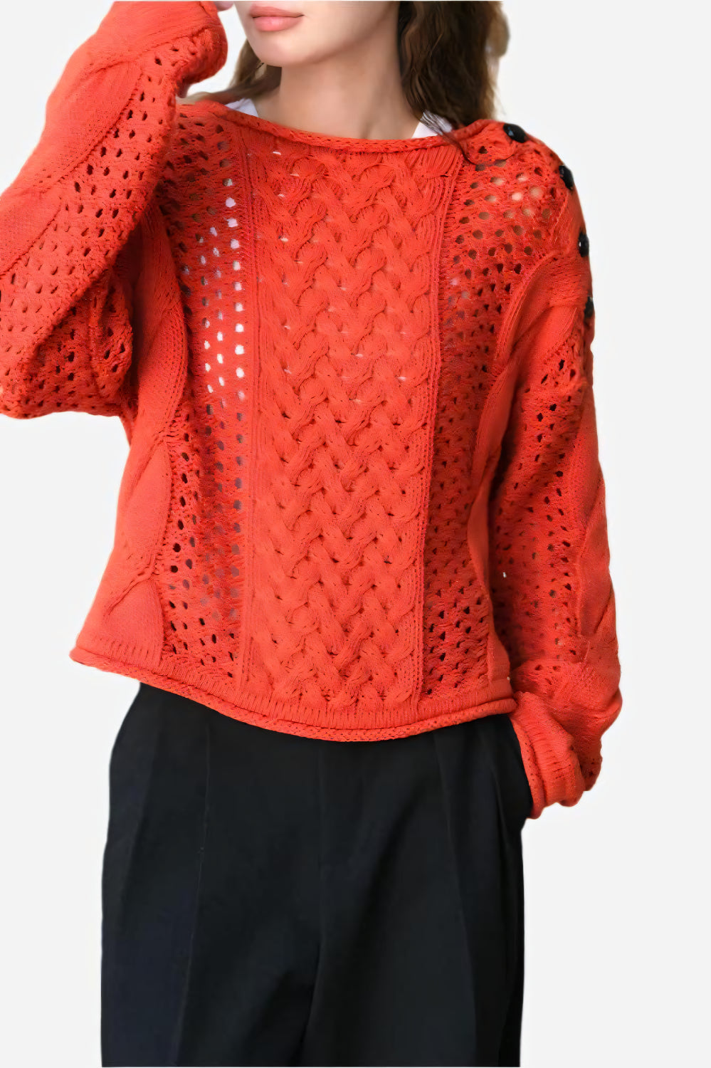 Ember Knit Button-Shoulder Sweater LAZERorange