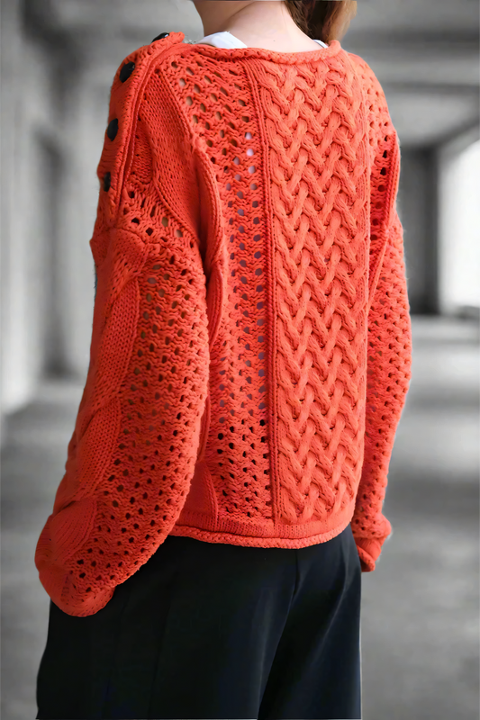 Ember Knit Button-Shoulder Sweater LAZERorange