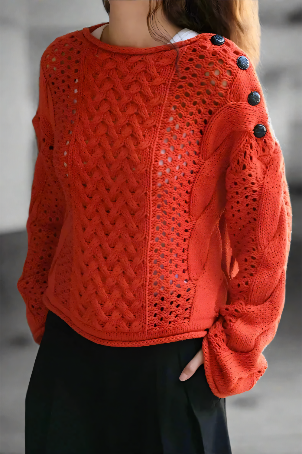 Ember Knit Button-Shoulder Sweater LAZERorange