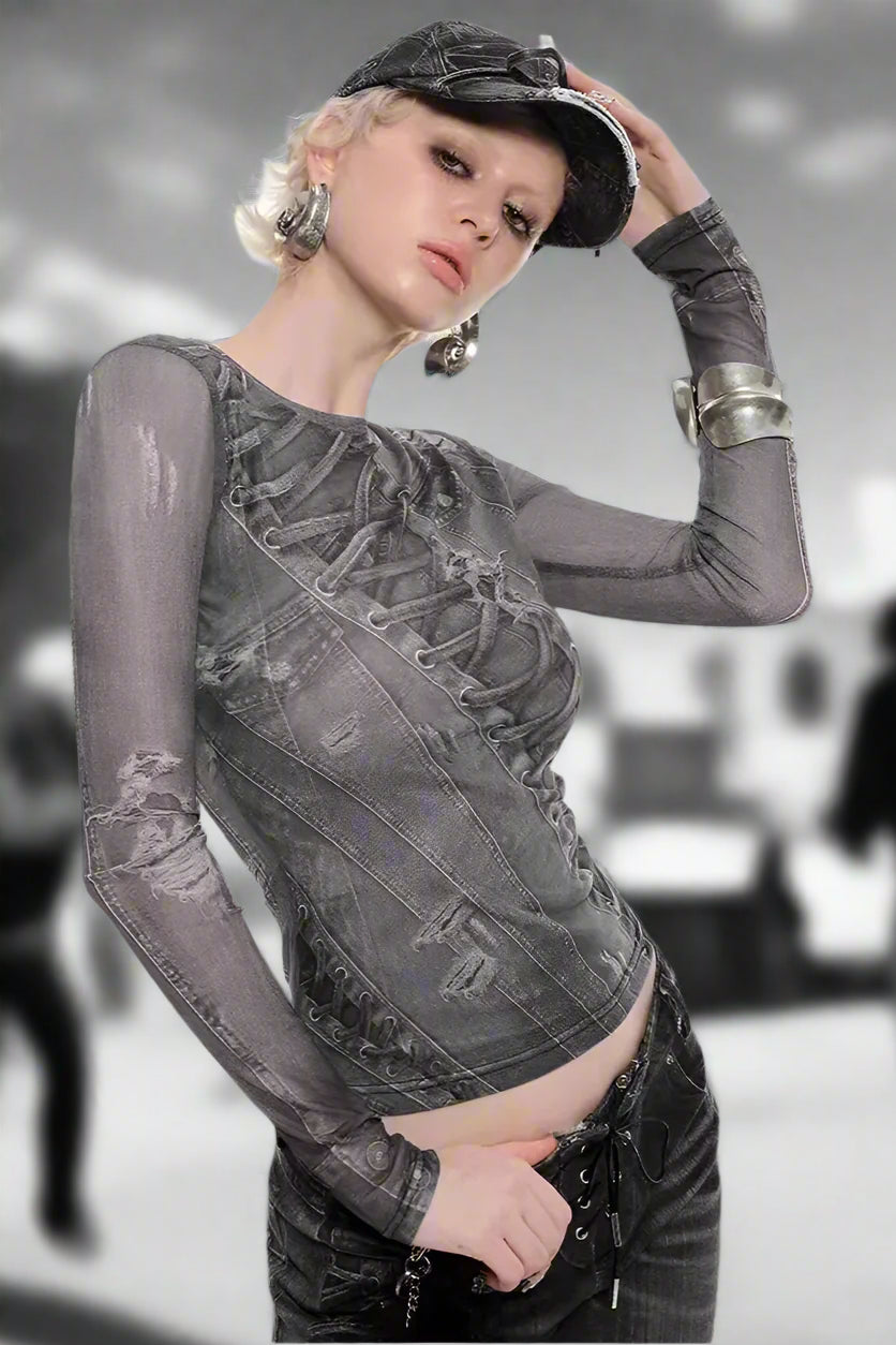 Illusion Denim Mesh Top LAZERorange