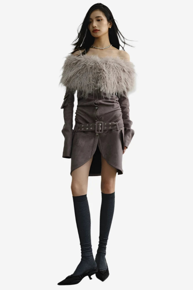 Savage Suede Fur-Trim Mini Dress