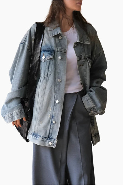 [EAM]  Blue Denim Casual Big Size Vintage Jacket New Lapel Long Sleeve Women Coat Fashion Tide Spring Autumn 2024 1DH7045 LAZERorange