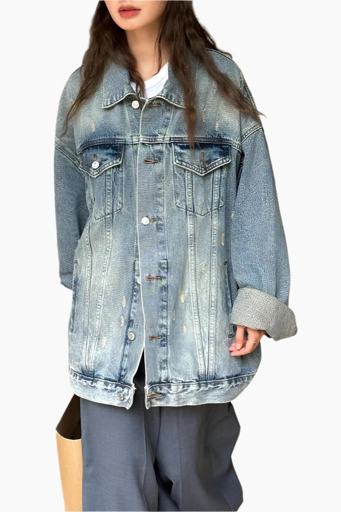 [EAM]  Blue Denim Casual Big Size Vintage Jacket New Lapel Long Sleeve Women Coat Fashion Tide Spring Autumn 2024 1DH7045 LAZERorange