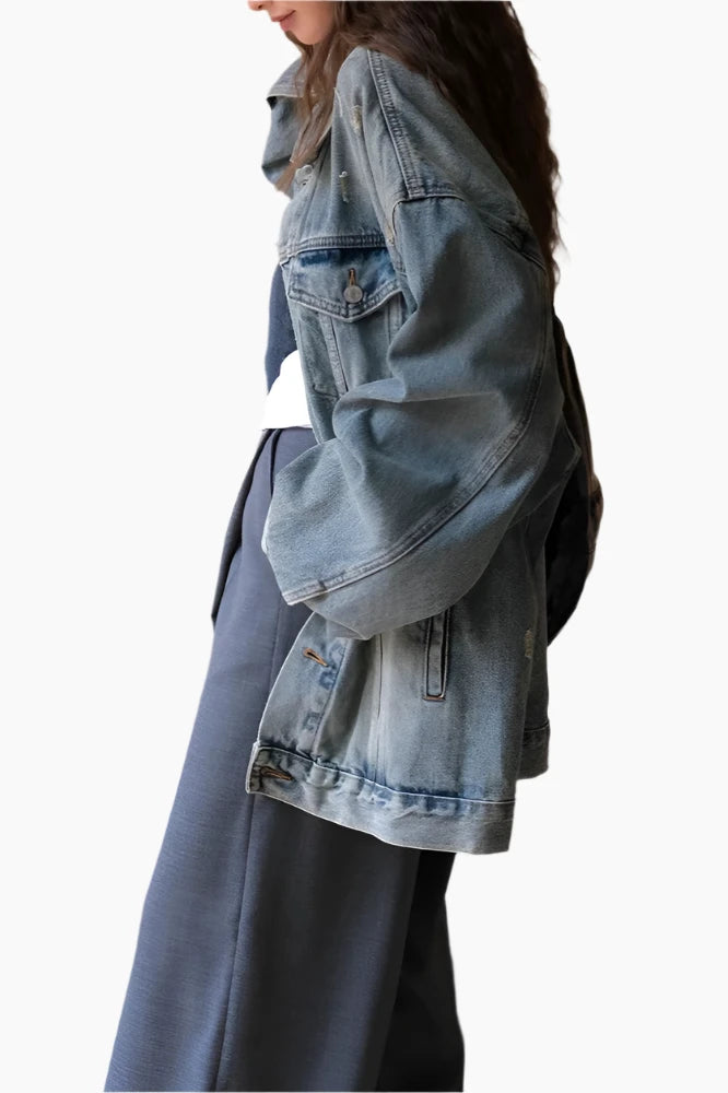 [EAM]  Blue Denim Casual Big Size Vintage Jacket New Lapel Long Sleeve Women Coat Fashion Tide Spring Autumn 2024 1DH7045 LAZERorange