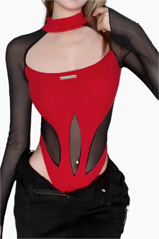 Goth Dark Sheer Mesh Patchwork Cyber Y2k Bodysuits Hollow Out Moto Biker Bodycon T-shirts Women Gothic Punk Long Sleeve Bodysuit LAZERorange