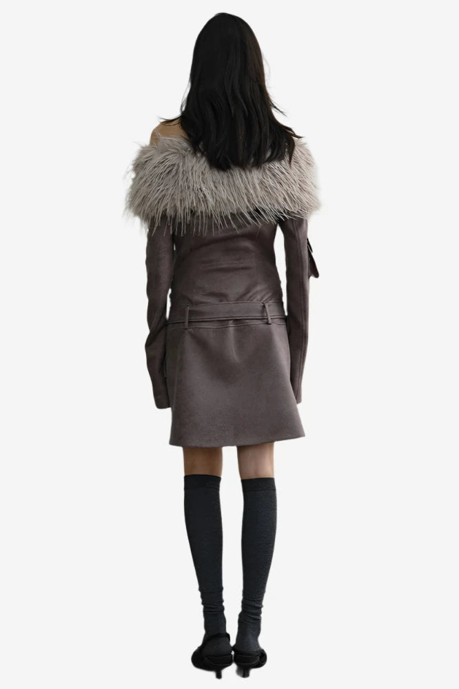 Savage Suede Fur-Trim Mini Dress